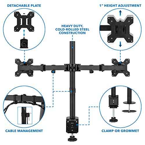 Mount-It! Dual Monitor Mount | Double Monitor Desk Stand | Interchangeable C-Clamp and Grommet Base | Two Heavy Duty Height Adjustable Arms Fit 2 Computer Screens 19 21.5 24 27 32 Inches | VESA 75 100