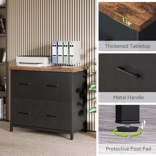 LITTLE TREE 2 Drawer File Cabinet for Home Office, 30.7-Inch Lateral Office Cabinet for A4 and Letter Size Files, Printer Stand, Storage Cabinet Organizer, Rustic Brown + Black