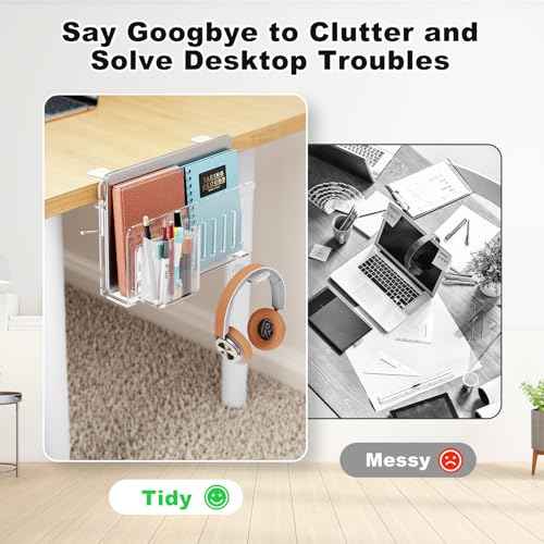 Acrylic Desk Side Storage,Under Desk Laptop Holder Storage Clamp on desk shelf,With Pen Holder and Headset Hook,Clear Desk Side Hanging Organizer accessories (transparent)
