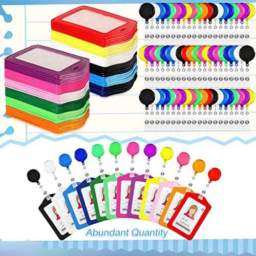 60 Sets Retractable Badge Reels, PU Leather Name Badge Holder, Multicolor ID Holder Key Card Holder Vertical ID Badge with Reel Clip for Office Business Worker Teachers Students Nurses Doctor