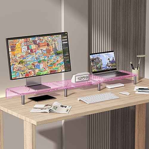 dual monitor stand riser, 3-layer pink acrylic monitor stand with anti slip pad, adjustable length and angle, suitable for 2 monitors, desktop, laptop, PC, printer, TV screen (Pink acrylic)