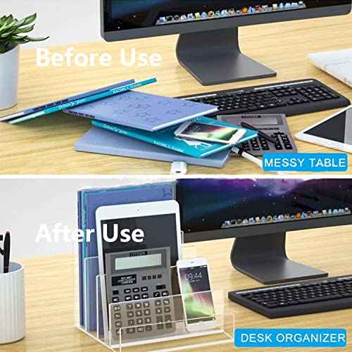Acrylic Desk File Organizer 2 Pack, 4 Section Letter Organizer, Clear Folder Holder, Desktop File Holder for Document, Notebook and Newspaper, Clear Desk Storage Rack for Home and Office Use