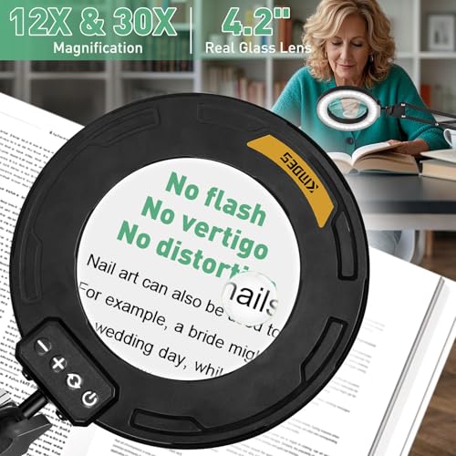 12X & 30X Magnifying Glass with Light, Ultra Long 3 Section Swing Arm LED Desk Lamp with Large Clamp, 5 Color and Brightness Hands Free Magnifier Light and Stand for Workbench Crafts Soldering