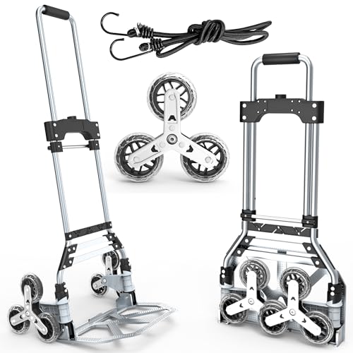 Stair Climbing Cart, 220 LBS Aluminum Stair Climber Dolly, Heavy Duty Folding Hand Truck Dolly with 6 Wheels, Telescoping Handle and Elastic Rope for Home, Moving, Groceries, Warehouse