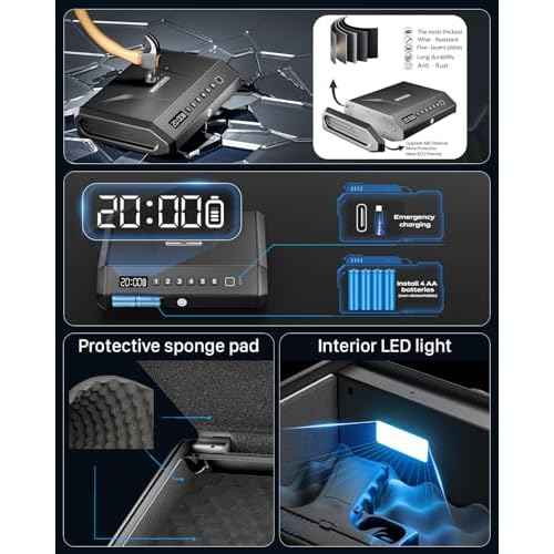 Large Biometric Gun Safe fits 4 pistols, 100 Sets of Fingerprint Handgun Safe with Internal Light & Silent Mode, Emergency Power Supply Gun Lock Box for Home Bedroom Bedside Nightstand and Car TOPMEDA