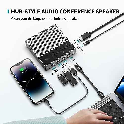 HiDock Conference Speaker and Microphone with Mute/Project, Enhanced Voice Pickup & Full Duplex Noise Cancelling Speakerphone, Omnidirectional USB C Speaker for Home Office Meeting-Grey