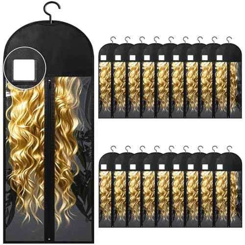 18Pcs Extra Long Wig Storage Bags with Hanger Hair Extension Wig Storage Hanger Bags for Multiple Wigs with Tags Organizer Dust-Proof Home Travel Closet Wigs & Accessories (Black 31.5in)