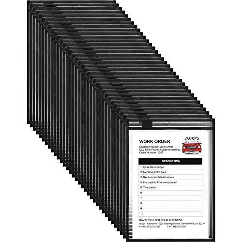 Nezyo Dry Erase Pockets Plastic Job Ticket Holders Shop Holder Order Pockets Clear Sleeves Tickets Folders Plastic Sleeves Paper Teacher Supplies for Classroom (14 x 10 in,Black,50 Pcs)