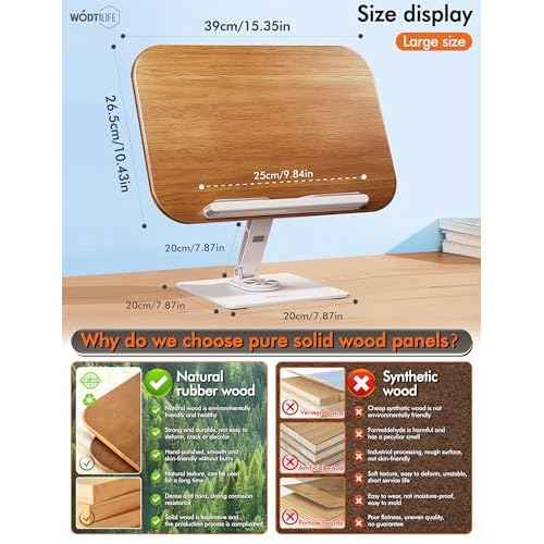 Book Stand for Reading,Adjustable Book Holder with 360¡Æ Swivel Base,Book Stand for Desk,Rubber Wood,Large Panel,Elastic Clips,Sturdy,for textbooks,Sheet Music,Recipes,Tablets,laptops