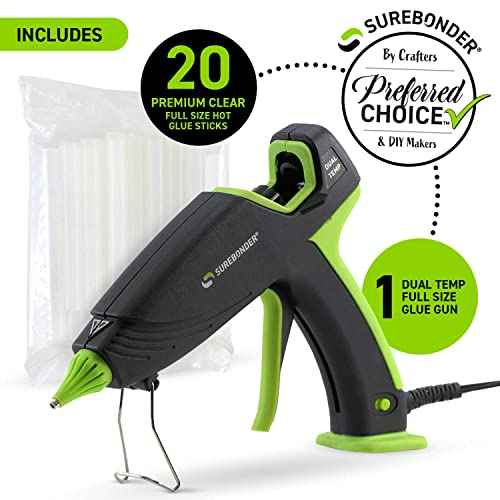 Surebonder Hot Glue Gun and Glue Sticks, Full Size 100W Dual Temperature Hot Glue Gun with 20 All Purpose Glue Sticks, 30 Minute Auto-Shut-Off, Black
