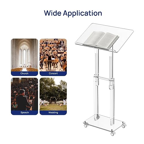 Acrylic Podium Stand with Lockable Wheels – Height & Angle Adjustable Lectern for Class, Church, Events