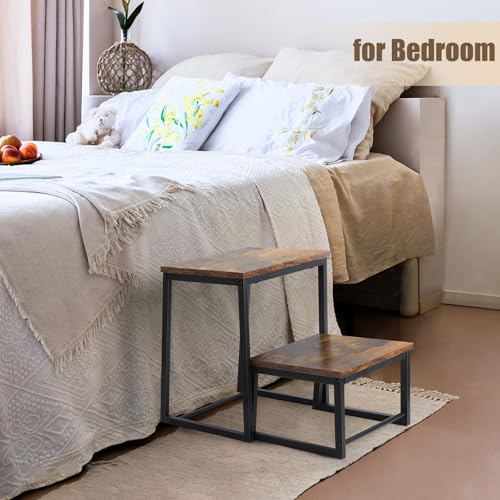 Vrisa Rustic Brown 2-Step Wood Stool with 550 Lbs Load Capacity — 3-in-1 Foldable Bedside Kitchen Stool