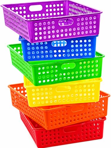 Colorful Plastic Classroom Storage Bins Set of 6, 13.75 x 10.25 Inches for Organizing Papers & Supplies