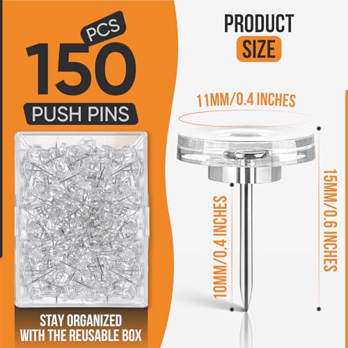 150 Clear Thumb Tacks with Reusable Box – Flat Head Push Pins for Office & Home