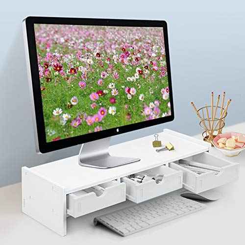 VALEN Monitor Stand Riser, Computer Laptop Riser Shelf with 3 Organizer Drawers (White, 19.5" L x 7.5" W x 4.7" H) (White)
