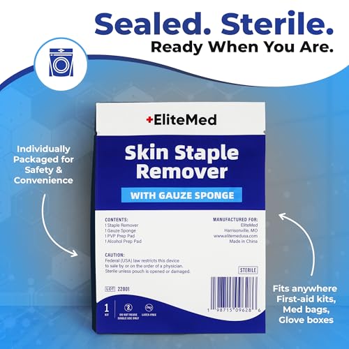 EliteMed Premium Sterile Staple Removal Kit – Includes Remover, PVP & Alcohol Pads, Gauze