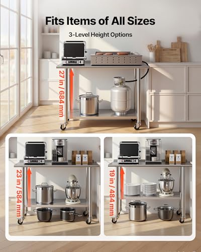 VEVOR Stainless Steel 24x48 inch Food Prep Table with Wheels, Undershelf, 30mm Backsplash