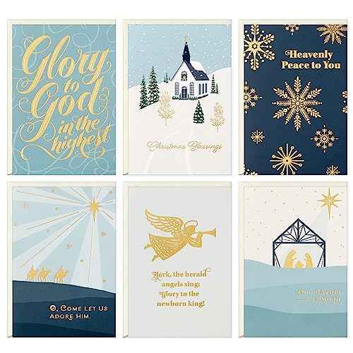 Hallmark Religious Christmas Card Assortment, Heavenly Peace (36 Cards and Envelopes) Dusty Blue and Gold Foil