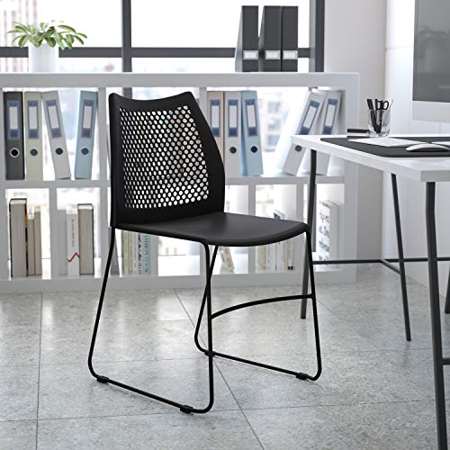 Emma + Oliver Black Sled Base Stack Chair - Multipurpose Plastic Guest Chair