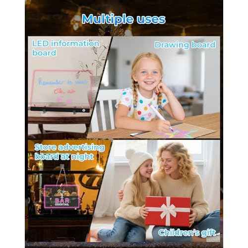 Led Note Board with 7 Colors 13.7"X10", Acrylic Dry Erase Board with Light, Doodle Glow Drawing Board with 5 Modes, Touch Control, LED Drawing Board for Kids with Stand, 7 Markers
