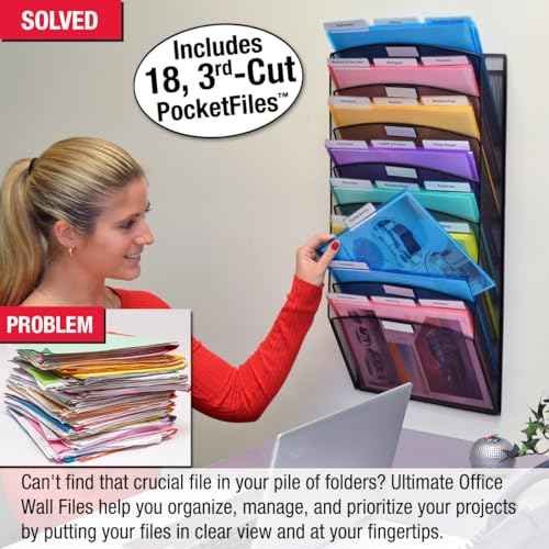 Ultimate Office Mesh Wall File Organizer, 8 Tier Vertical Mount Hanging File Sorter. Multipurpose Display Rack Includes 18, 3rd Cut PocketFile Clear Document Folder Project Pockets (Black)