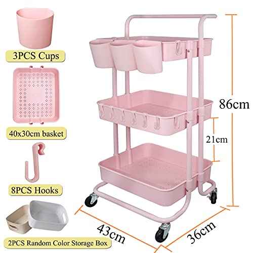 3 Tier Utility Rolling Cart Storage Organizer Shelf Rack with 3PCS Hanging Cups + 8PCS Hooks + 2PCS Storage Box for Home Office Kitchen Bathroom (Pink 3 Cup+8 Hook+2 Storage Box)
