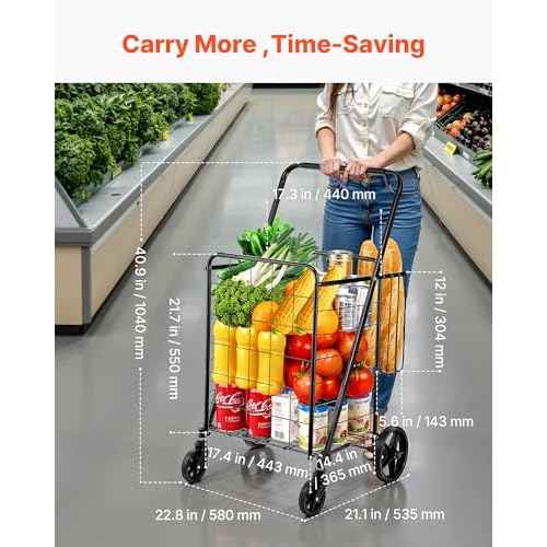 VEVOR Folding Shopping Cart, Jumbo Grocery Utility Cart with Double Baskets, 360¡Æ Swivel Wheels, 110 LBS Large Capacity Heavy Duty for Laundry, Shopping, Grocery, Luggage, Black