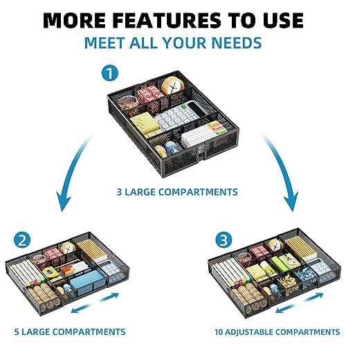 Marbrasse Expandable Desk Drawer Organizer, Mesh Drawer Organizer Tray with 10 Adjustable Compartments, Desk Organizers and Accessories for Office Supplies, Makeup & Vanity (Expandable Black-2 pack)