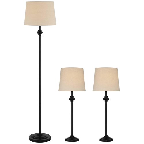 360 Lighting Carter Traditional 3 Piece Table Floor Lamp Set Black Metal Cream Fabric Tapered Drum Shade Decor for Living Room Bedroom House Bedside Nightstand Home Office Reading Family