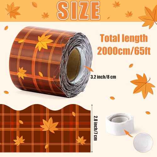BeYumi Fall Plaid Border Trim - 65ft Fall Maple Leaves Plaid Scalloped Rolled Border Trim Autumn Thanksgiving Brown Bulletin Board Set Harvest Party Decor Classroom Office Chalkboard Door Decoration