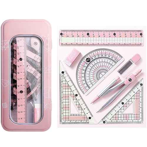 8 Pcs Pink Geometry Set Cute Compass Set with Maths Protractor Rulers, Math Set for Drawing Measuring Tools, Kawaii Ruler Kit for Class Women Girls School Supplies (Pink)