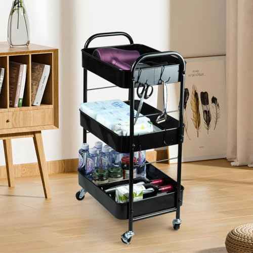 3-Tier Rolling Utility Cart with Stopper Caster Wheels and 4 Hooks, Easy Assembly, for Kitchen, Bathroom, Living Room, Office (Black)