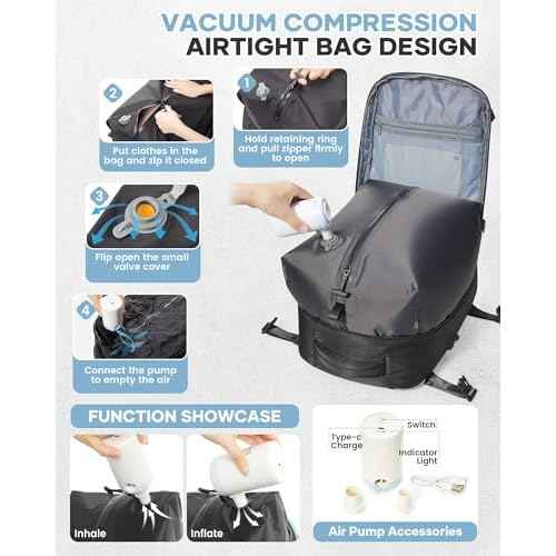 Vacuum Travel Backpack with Air Pump 18x14x8 inches Laptop Personal Item Carry on Flight Approved Compression Vacuum seal Travel Essentials Backpack Space Saver Bags Storage Men mochila de viaje Black