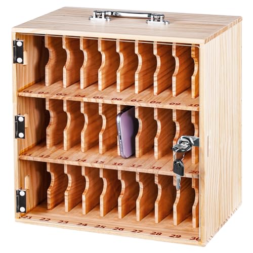 Wood Cell Phone Locker Box Cell Phone Storage Cabinet 30 Slots Cell Phone Lock Box for Office Classroom with Handle