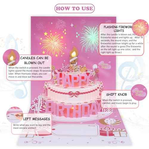 Musical Birthday Cards with Light and Music, Blowable, 3D Birthday Popup Cards for Men & Women? Plays Hit Song 'HAPPY Birthday' (pink)