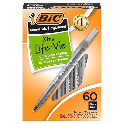 BIC Round Stic Xtra Life Ballpoint Pens 60 Pack - Black Ink, Long-lasting, Smooth Writing