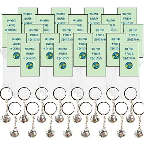 Smiling Wisdom - 20 Bulk Gifts - You Make A World of Difference - Staff Employee Appreciation 3.5x2in Cards & Keepsake Gifts - 60pcs - Silver World Keychains