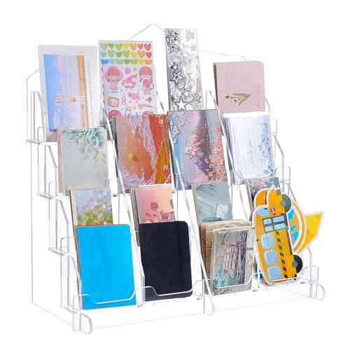 Acrylic Card Display Stand 4 Tier 16 Pockets Clear Display Sticker Holder Display for Vendor Events Acrylic Organizer Shelf for Greeting Cards Postcards Stickers Brochures