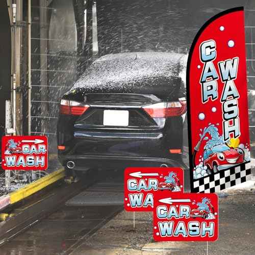 Car Wash Feather Flag Pole Kit Include 7 ft Banner Flag with Poles 5 Pcs Car Wash Sign and 10 Pcs Ground Stake for Outside Business Stores Shops Decoration