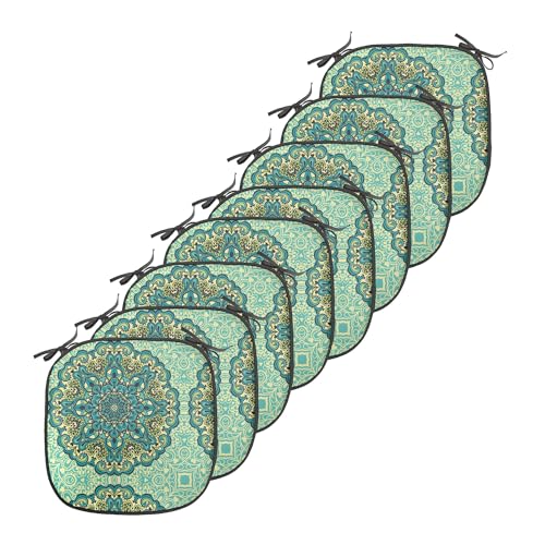 Ambesonne Ethnic Chair Seating Cushion Set of 8, Abstract Flower Arrangement Mandala Style Nature Elements Vibrant, Anti-Slip Seat Padding for Kitchen & Patio, 16"x16", Pale Yellow Turquoise