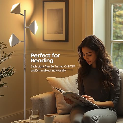 LED Tree Floor Lamp, 36W Dimmable Tall Standing Lamp with Remote & Touch Control, 2700K-6500K 4 Color Temperatures, 3 Rotatable LED Lights Floor Lamps for Living Room, Bedroom, Office - Silver