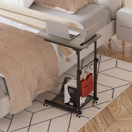Overbed Table, Sofa Side Bedside C Table with Wheels, Hospital Bed Table Rolling Tray with Storage, Adjustable Height Mobile Computer Desk Laptop Table for Home Use with Hooks