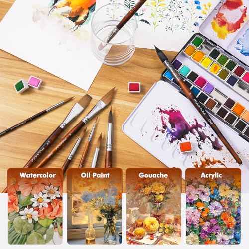Watercolor Brushes Professional, Fuumuui 9pcs Sable Paint Brushes & Natural Squirrel Mop Brush Set with Extended Needle, Round Point, Flat, Dagger, Quill Wash for Watercolor Gouache Inks