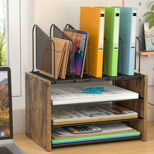 4-Tier Desk Organizer, Desk File Organizer with 5 Vertical File Holders, Office Desktop Organizer with 3 Level Paper Organizer Letter Tray, Wooden Desk Organizers and Accessories for Home Office