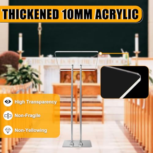 Vakiorn Silvery Acrylic Podium Lectern with 10mm Countertop, Stable Iron Bottom for Church, Classroom & Event