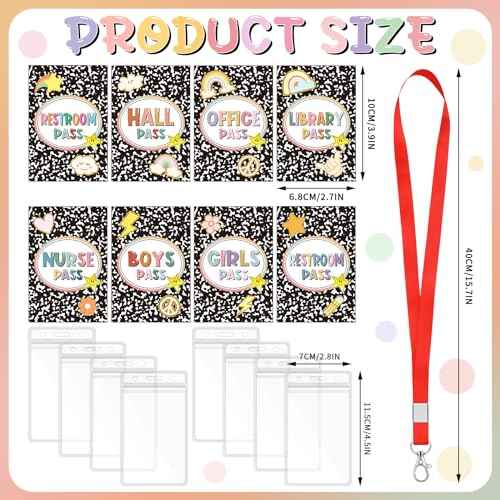 8 Pcs PVC Hall Pass for Classroom Composition Classroom Decor Unbreakable Hall Passes Lanyards Teachers Supplies Restroom, Library, Office, Elementary Cool for School Theme