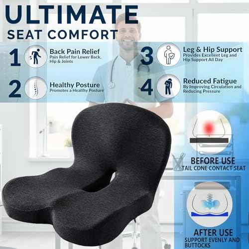 Memory Foam Seat Cushion for Truck Drivers, Office Chairs, Car Seats Ergonomic Chair Cushion, Sciatica & Tailbone Relief Ergonomic Pressure Relief Pad for Long Sitting (Black)