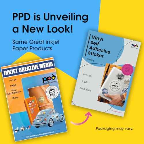 PPD Premium Printable Vinyl Sticker Paper for Inkjet Printer - 50 Sheets Glossy Sticker Paper 8.5 x 11 - Self-Adhesive, Waterproof, Tear Resistant, Instant Dry - PPD-36-50