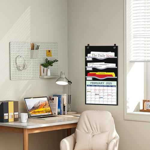 4 Pockets Hanging Wall File Organizer 15" Extra Wide Pocket Chart for Classroom, Office, Home, Mail Organizer Wall Mounted with 1 Writable Clear Pocket, 5 Wall/Door Hooks & 12 Labels (Black)