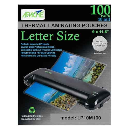 Apache Laminating Pouches 10 mil, for 8.5 x 11 inch Letter Size Paper, 9 x 11.5 inch Sheets, 100 Pack, Office and School Supplies, Thermal Laminator, Super Clear Sheets, 100-Pack, 10mil, Letter Sized